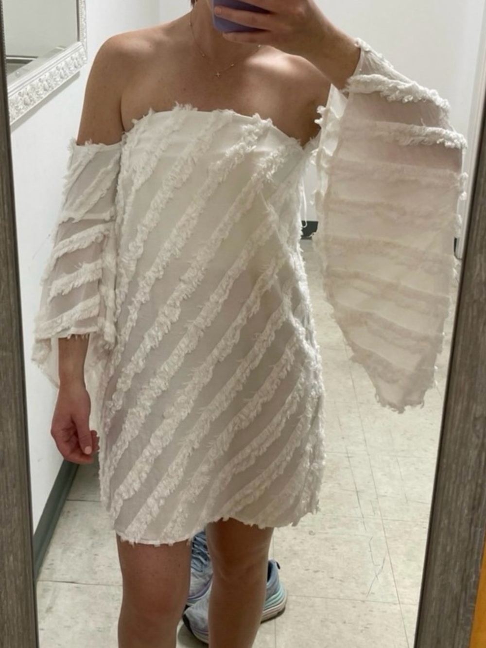 Off-Shoulder White Textured Mini Dress